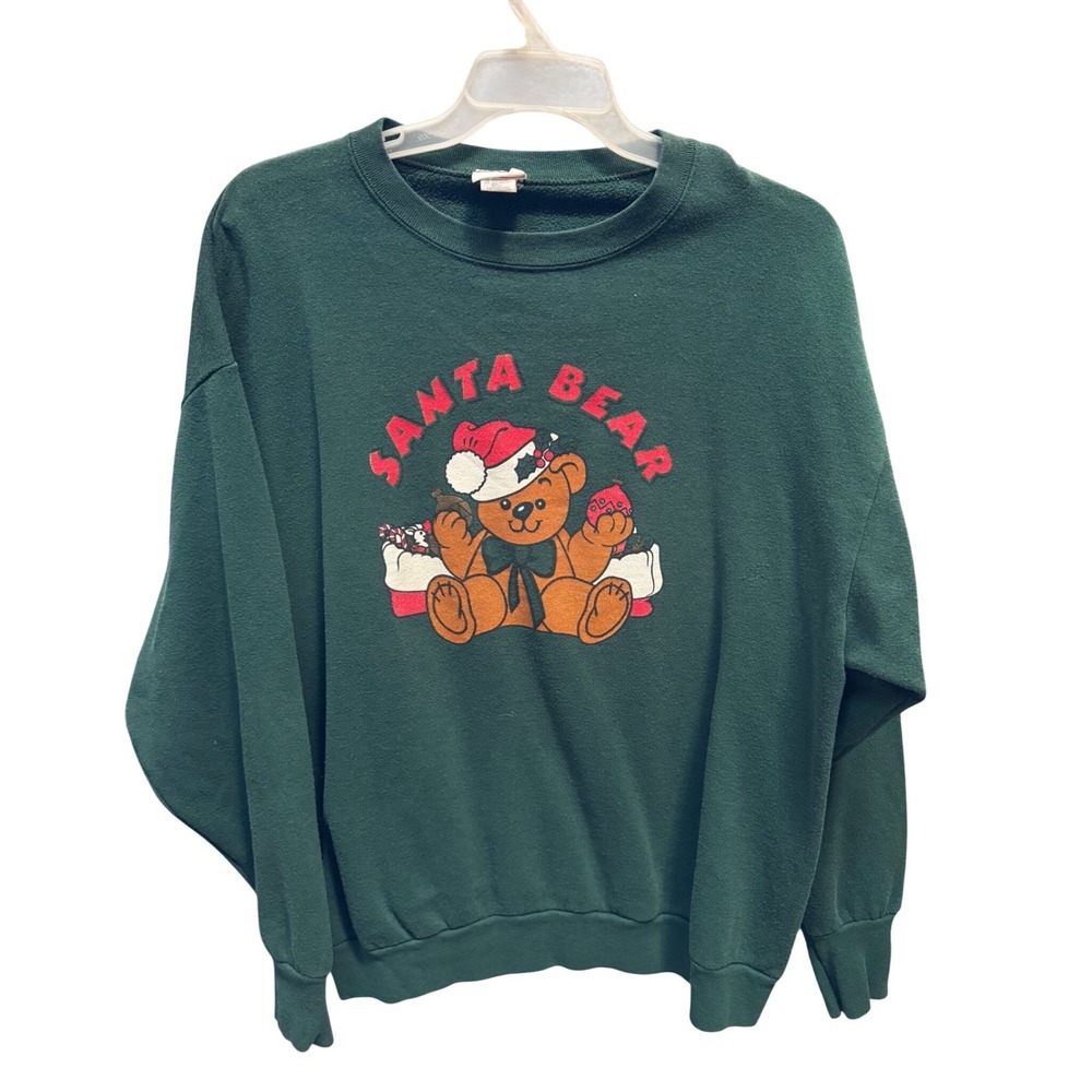 Vintage Holiday Time Santa Bear Christmas Sweatshirt Green XL